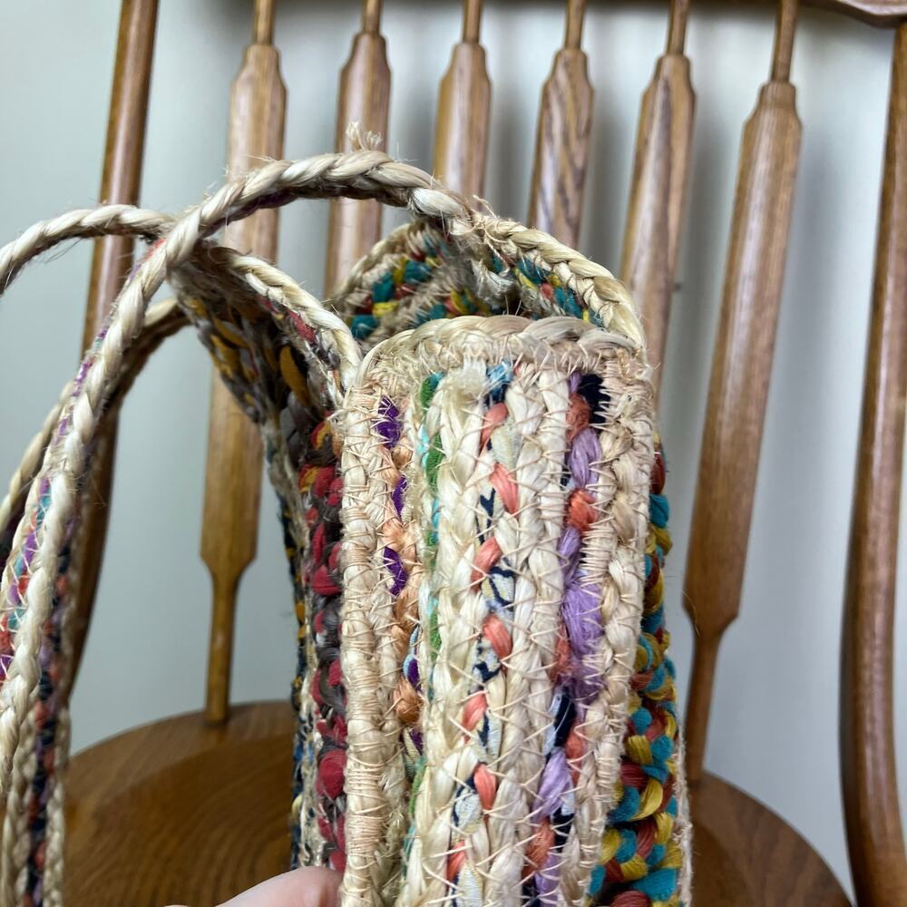 Boho Colorful Recycled Woven Jute Bag Circle Shaped Shoulder Tote Beach Bag - Picture 10 of 16